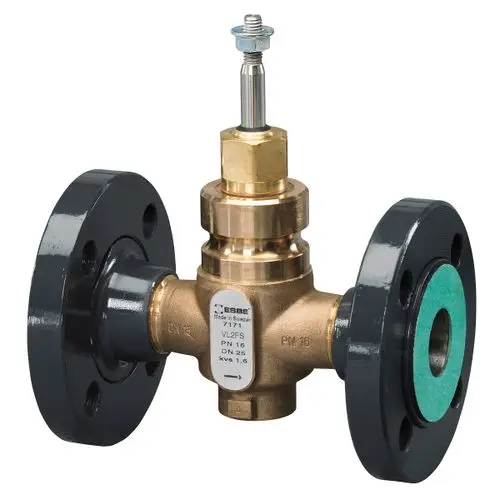 2-Wege Regelventil mit Flanschanschluss, aus Messing und schwarzem Metall, von ESBE, zur Regelung von Fluidströmen in Rohrsystemen.